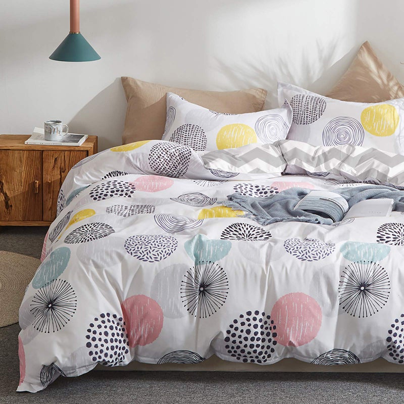 Uozzi Bedding 3 Piece Duvet Cover Set Queen (1 All Season Design Summer Duvet Cover + 2 Pillow Shams) with Colorful Dots, 800 - TC Comforter Cover with Zipper Closure, 4 Corner Ties - Pink Gray Yellow Circles - Image 1